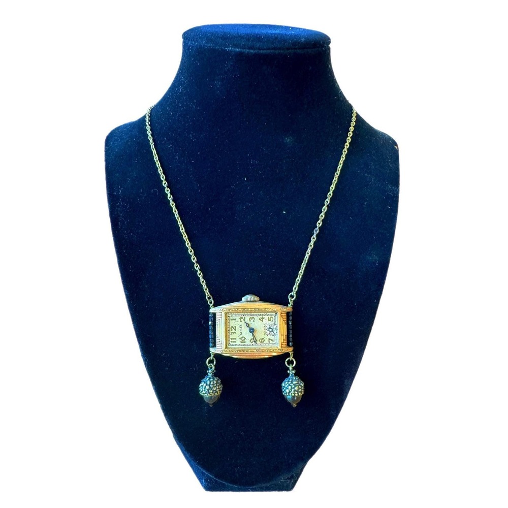 Art Deco Watch Necklace Gold Plated Acorn Dangles Folk Art Jewelry - Picture 3 of 7
